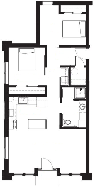 Floor plan for 2 beds, 1 bath, 832 sqft